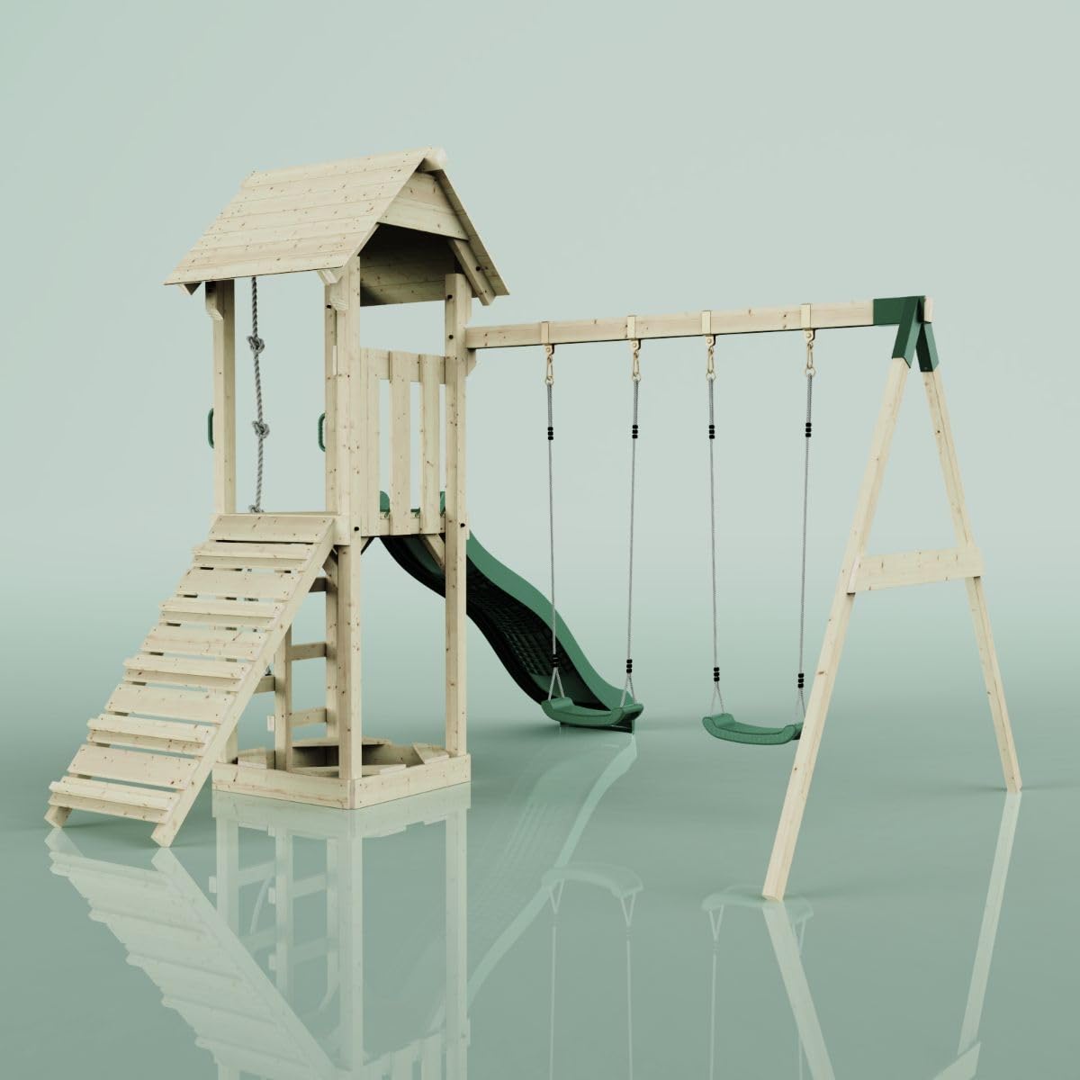 Rebo Spielturm mit Wellenrutsche und Kinder-Schaukel, Outdoor Klettergerüst Garten,Smaragdgrün