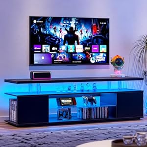 CHARMMA TV Stand for 70 Inch TV Gaming Entertainment Center Media Storage Console Table with Large Side Cabinet for Living Room(Black)