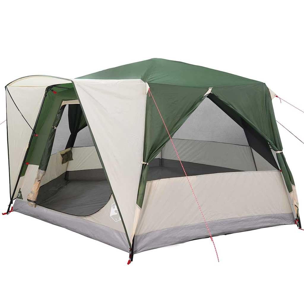 Namiot kabinowy dla 7 osób, zielony namiot rodzinny 400 x 350 x 212 cm z poliestru 185T z powłoką PU, łącznie z drążkami, 6 linkami napinającymi i 17 kołkami do wbijania w ziemię, z okienkiem