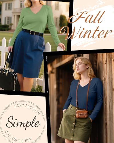 Ficerd 3 Pack Women's Plus Size T-Shirts, V Neck Long Sleeve Blouse Shirts Loose Fit Curved Hem Tees Casual Swing Tunic Tops3