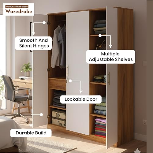 Image of Callas 3 Door Wooden Wardrobe for Bedroom | Engineered Wood Almirah with Hanging Rod, Lockable Door & Drawer |1 Year Warranty with Free Installation