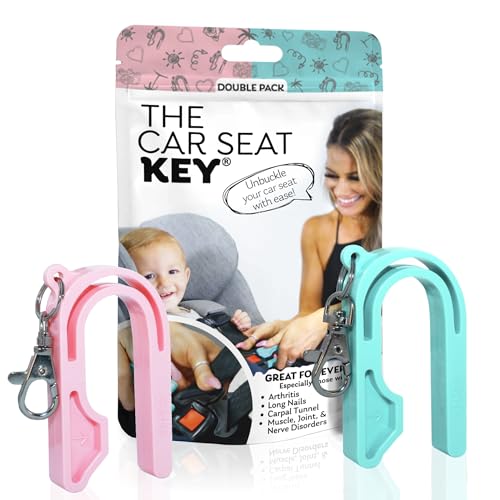 Image of NAMRA The Car Seat Key - Original Car Seat Key Chain Buckle Release Tool - Easy Unbuckle Opener Aid for Nails, Parents, Grandparents & Older Children Made in USA (2 Pack, Teal & Pink)