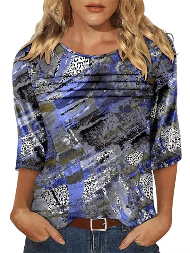 KISSMODA Women's Casual 3/4 Sleeve T-Shirts Round Neck Cute Tunic Tops Basic/Pleated Summer Tops Trendy Spring Blouses