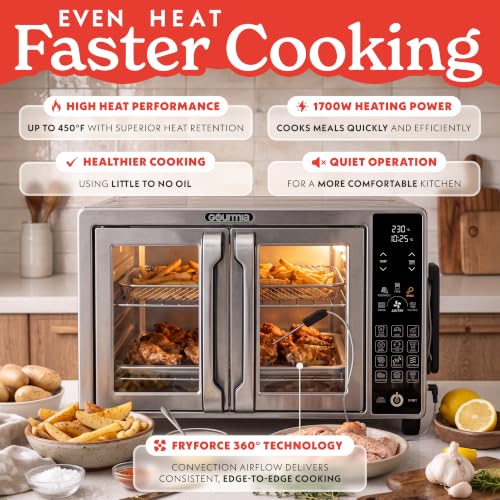 Image of Gourmia French Door Air Fryer Toaster Oven - 6 Slice Capacity, Temperature Probe, 18 Cooking Presets, FryForce, Digital Display, 3 Rack Positions, Dishwasher-Safe Accessories, Stainless Steel