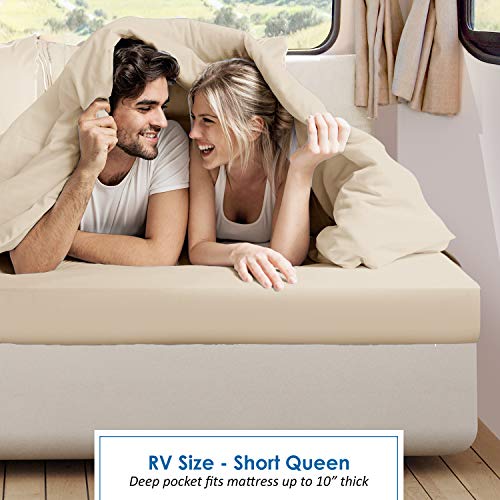 Image of Nestl Beige Cream Short Queen Sheets for RV, Hotel Luxury RV Queen Sheets Set, 6 Piece Fitted Bed Sheet Set and Pillowcases, Super Soft, Wrinkle-Free, and Breathable Camper Bedding