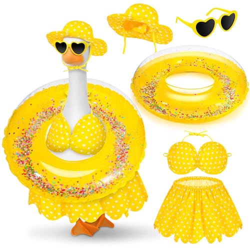 JcHrmers Bikini Porch Goose Outfits Summer Goose Clothes Yellow Polka Dot Bikini Porch Goose Outfit with Swimsuit Floatie Hat Sunglasses Fits 23 Geese Statue for Spring Garden Yard Decor
