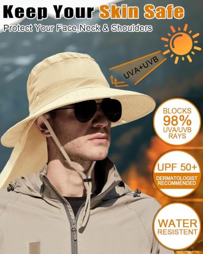 Image of Outdoor Sun Hats with Stowable Neck Flap for Men Women UPF 50+ Mesh Summer Bucket Hat Wide Brim for Fishing Safari Hiking