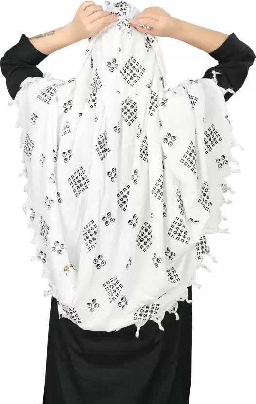 Image of SIXSIGMA Cotton Long Scarf Cum Mask scarves Usable for vehicle Driver | White Printed Design | Universal Size | For Girl & Women | Breathable Sun Protection Light Weight
