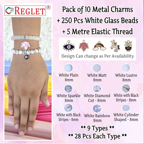 Image of 10 Pcs Charms + 250 Pcs White Glass Beads for Jewellery Making Kit - Glass Beads for Bracelet Making Kit - Bead Craft - 8mm