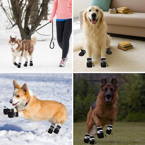 Hundeschuhe Winter, Plüsch Hundeschuh Pfotenschutz, Rutschfest Hunde Schuhe Winter Outdoor, Dog Shoes mit Reflektierendem Streifen, für Kleine-Mittlere Hunde Sport im Freien (Schwarz-Size 5)