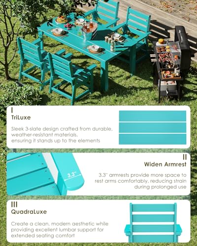 Image of GREENVINES 5-Piece Outdoor Dining Set | HDPE | Patio Table and Chairs Sets for 4 | Patio Furniture | All Weather | Umbrella Hole | Aqua | for Backyard Poolside Garden