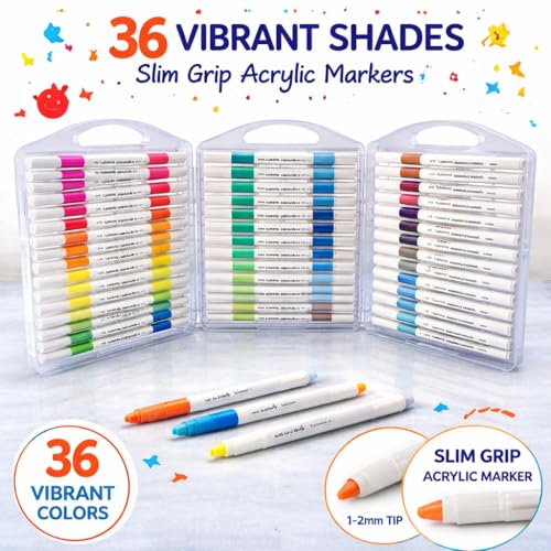 Image of Professional Acrylic Paint Markers Set, 36 Vibrant Colours, Brush Tip, Water-Based, Non-Toxic, for Rock Painting, Canvas, Glass, Wood, School Projects, with Portable Storage Case