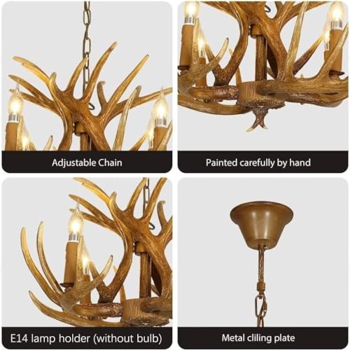 Plafond rétro 6 lumières et lustre résine bois de cerf style pastoral - 7