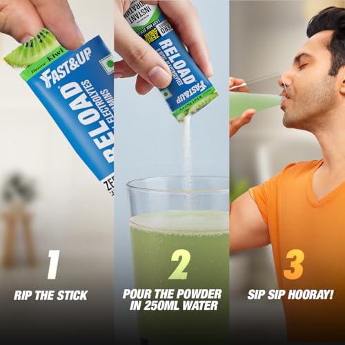 Image of Fast&Up Reload Electrolytes Powder Sachets | Zero Added Sugar Hydration Drink with 5 Essential Electrolytes Vitamin C & B12 | Summer Heat, Workout Recovery, Travel & Wellness | Kiwi berry Pack of 5 Sachets
