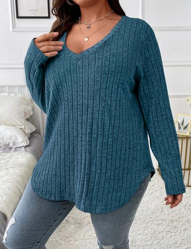 Image of Koscacy Women Plus Size Casual Knit Sweater V Neck Solid Color Tops Lightweight Long Sleeve Blouses