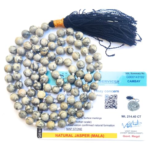 Image of Apnisanskriti Premium Map Stone Mala for Men and Women (6mm, AAA Quality, Lab Certified, 108+1) - Natural Stone Beads Mala - Jasper Mala Grey, White & Black Patches Colour - Pack of 1