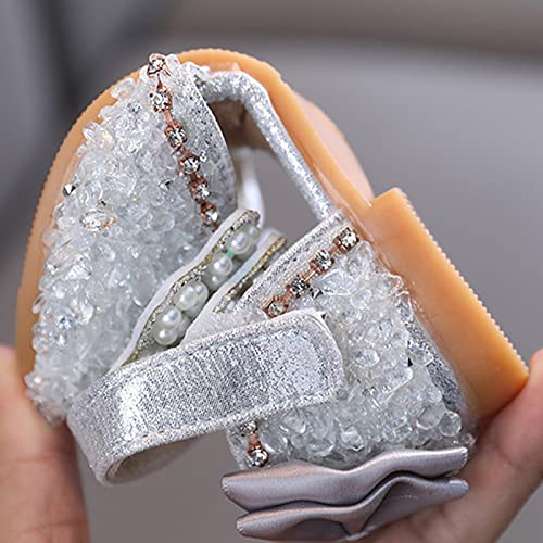 Girls Dress Shoes Cute Bow Mary Jane Shoes Ballerina with Satin Ankle Tie for Wedding Birthday Party Baby Swim Shoes (Silver, 2.5 Big Kids)3