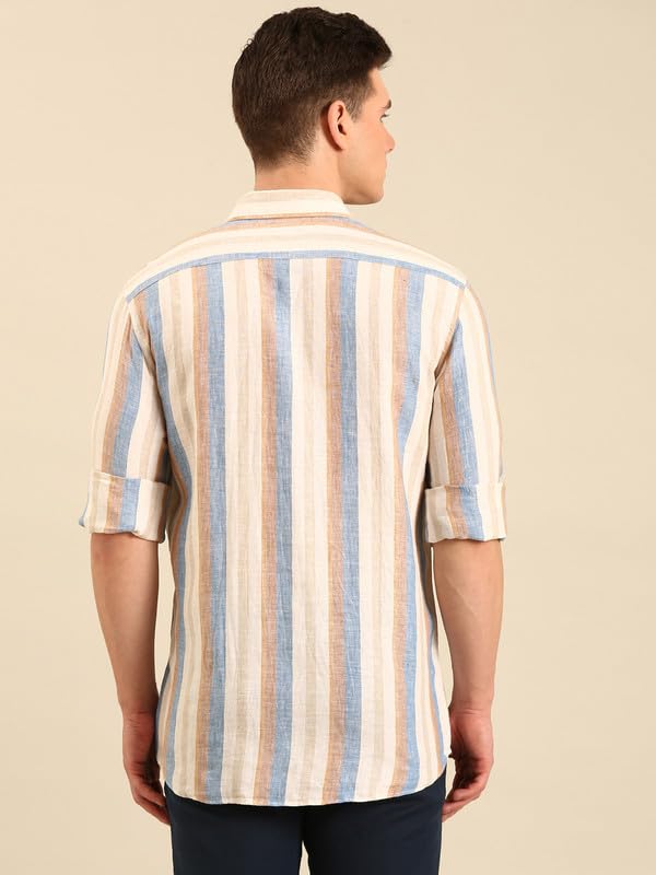 Image of Linen Club Men's Linen Rich Pink Striped Contemporary Fit Full Sleeve Casual Shirt