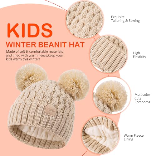 Toddler Winter Beanie Hat, Infant Winter Warm Knit Fleece Lined Cap for Girls Boys with Pom Pom for 0-36 Months 2 Packs3