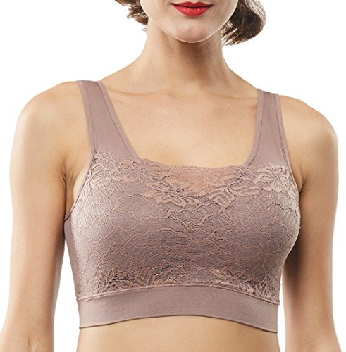 Belugue Women's Seamless Lace Overlay Bralette Wire-Free Sports Bra Coffee XL