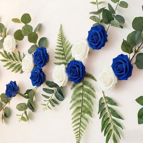 Image of 100Pcs Real Looking Blue and White Blend Artificial Rose Flower Heads, Foam Fake Roses for DIY Wedding Decorations Baby Shower Centerpieces Home Party Valentine's Day Mother's Day Decor