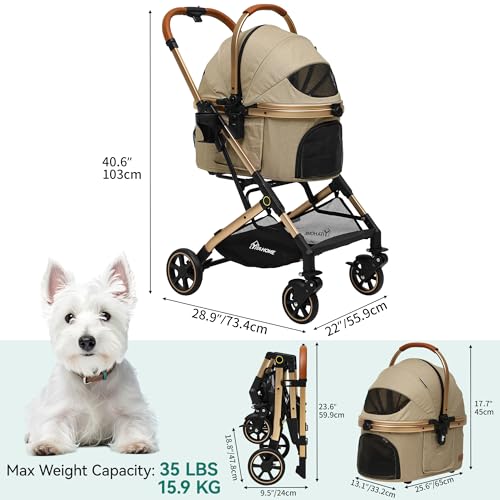 YITAHOME Hundewagen 3 in1 Hundebuggy Transporttasche, Faltbar klappbar Katzenwagen, Bis 15,9kg, 360°Verschleißfeste Gummiräder, Ablagekorb, Netzfenstern Getränkehalter, für Hunde & Katzn (Beige)