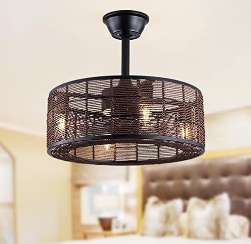 JDALX Käfig Lampe Mit Ventilator Reversibler 6 Geschwindigkeit Schwarz Industrial Eisen Ventilator Deckenlampe Leise Retro Deckenventilator Mit Beleuchtung Und Fernbedienung APP Für Lounge Lager Cover