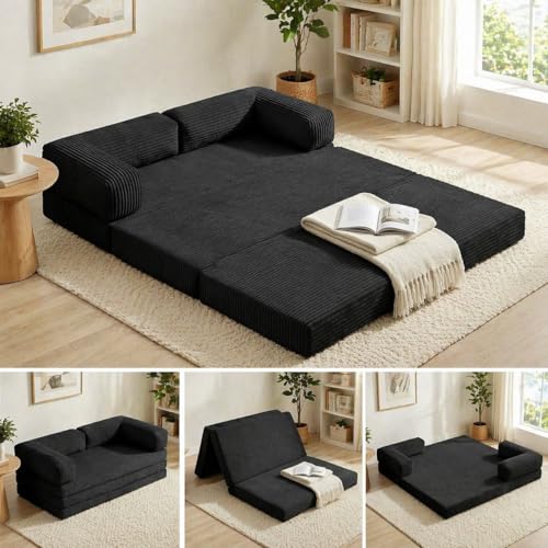 Convertible Sofa Bed Queen 5-in-1 Tri-Fold Boneless Couch with Removable Armrests & Handle Corduroy Futon Sleeper Sofa Floor Folding Mattress Pull Out Bed for Small Space Living Room Bedroom Black