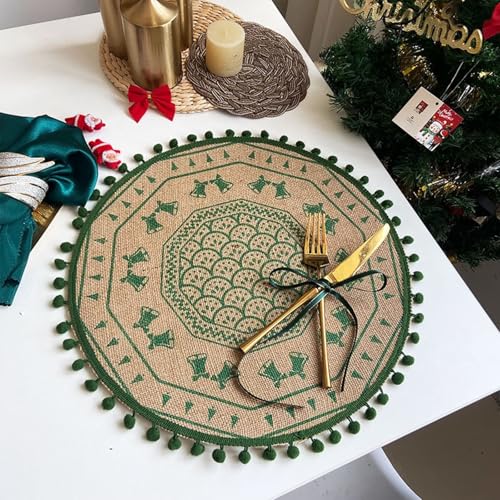 Hoisy Decoraciones de Mantel Individual de 8PCS, 38 CM Lino Individuales Comedor Verde, Redondo con Patrón de Navidad y Pompón