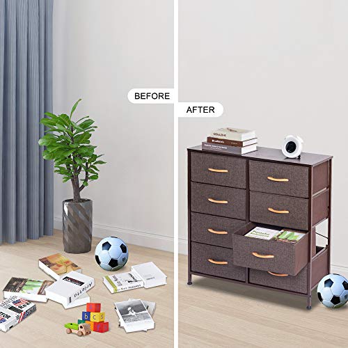WAYTRIM 4-Tier Wide Drawer Dresser, Storage Unit with 8 Easy Pull Fabric Drawers and Metal Frame, Wood Top, Organizer Unit for Bedroom, Hallway, Entryway, Closets, 31.5 x 11.81 x 32.12 Inches - Brown