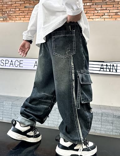 Boys Ripped Jeans Y2k Wide Leg Cargo Pants Elastic Waist Baggy Jeans for Teens Kids 6-14 Years 5