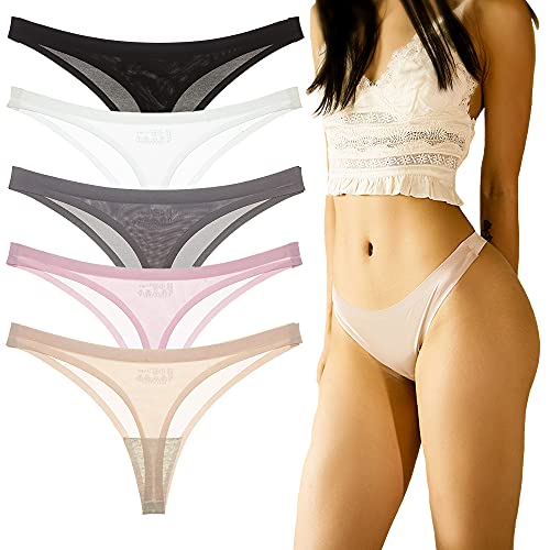 BUXUWI Seamless Thongs for Women, Sexy Bikini Panty Soft Hipster Triangle Underwear Pack of 5.(9788)(Medium, 5-pack Assorted)
