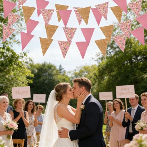 Image of Zwiebeco 39Ft Pink Floral Fabric Pennant Banner Vintage Burlap Triangle Flag Cotton Retro Flower Bunting Party Decoration for Birthday Engagement Wedding Bridal Baby Shower Rustic Village Garden Decor