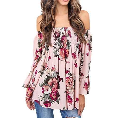 Camisas Mujer Sexy,Blusa de Manga Larga con Vuelo y Hombros Descubiertos Tops con Estampado Floral de Mujer Camiseta Elegante niña bratas Primavera Otoño