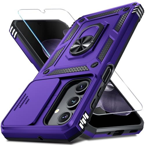 Janmitta Compatible with Samsung Galaxy A16 5G/4G Case Built in Slide Camera Lens Cover+Screen Protector+Finger Ring Holder Kickstand,Heavy Duty Shockproof Full Body Phone Cover,2025 Purple