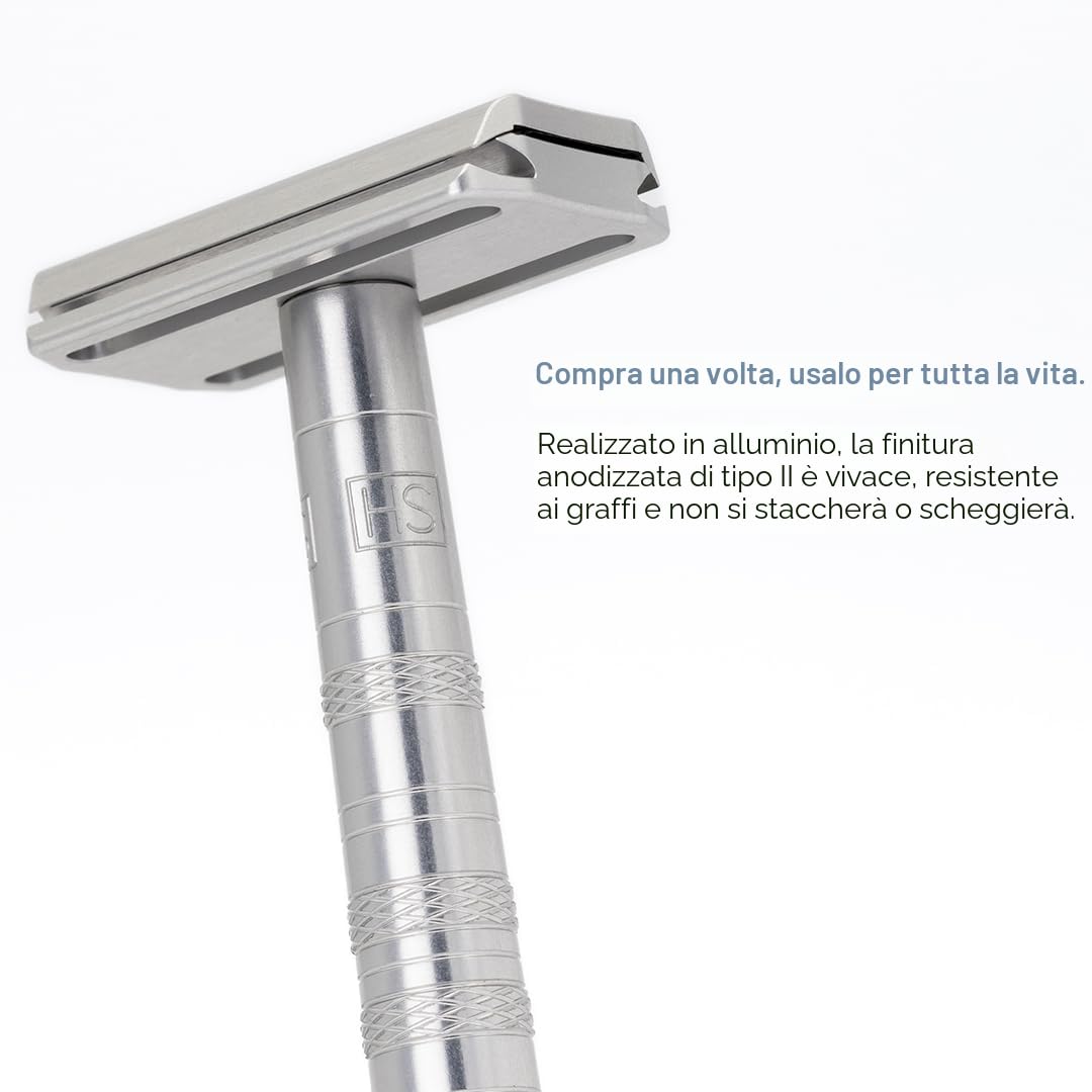 Henson Shaving Rasoio di Sicurezza Jet Black + 5 Lamette | Aggressività lieve, corpo in alluminio blu acciaio, stile classico, unisex, 5 lame di ricambio incluse