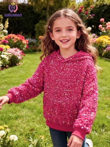 WELAKEN Girls' Sequin Hooded Sweatshirt with Pockets Sparkle Long Sleeves Pullover Hoodie for Kids & Toddler2