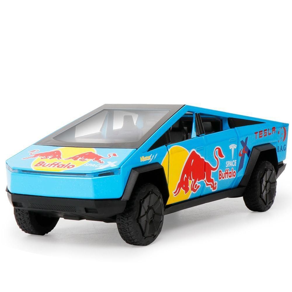 Minniq STORE Tesla Cyber Truck Redbull 1:32 Model Car Exclusive Pull Back Metal Toy car with Openable Doors & Light Music Best Gifts Toys Kids (1:32 Tesla CyberTruck Redbull (Blue))