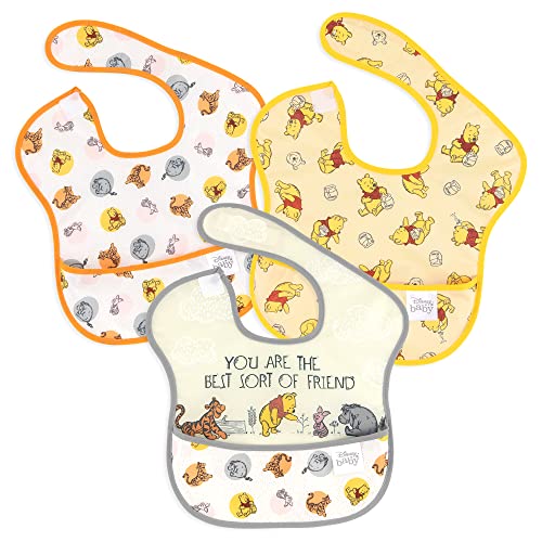 Image of Bumkins Disney Bibs for Girl or Boy, SuperBib Baby and Toddler 6-24 Months, Essential Must Have for Eating, Feeding, Baby Led Weaning, Mess Saving Waterproof Soft Fabric, 3-pk Pooh Bear and Friends