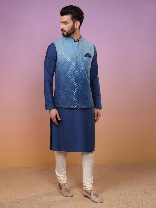 Image of KISAH Men's Navy Blue Printed Cotton Kurta - Regular Fit Long Tunic with Mandarin Collar | Ethnic Wear for Weddings & Festive Occasions