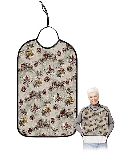LEOKOTI Christmas Pine Adult Bibs for Eating, Waterproof Bibs with Food Catcher & Adjustable Snap Closure, Pine Cones Vintage Wood Washable Clothing Protectors Adult Bibs for Elderly Women/Men