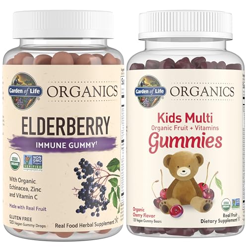 Image of Garden of Life Organics Kids Immune Bundle - Elderberry Immune Support Gummies (120 Count) + Certified Organic Kids Multivitamin Gummies, Non-GMO, Gluten Free, Cherry (120 Count)