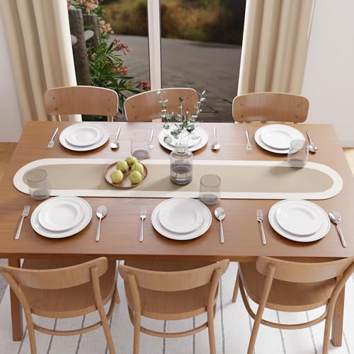Image of Encasa XO Table Runner for 4 Seater | Handmade Ribbed Style Cotton | 30x137 cm | Beige & Off White | for Dining & Center Table