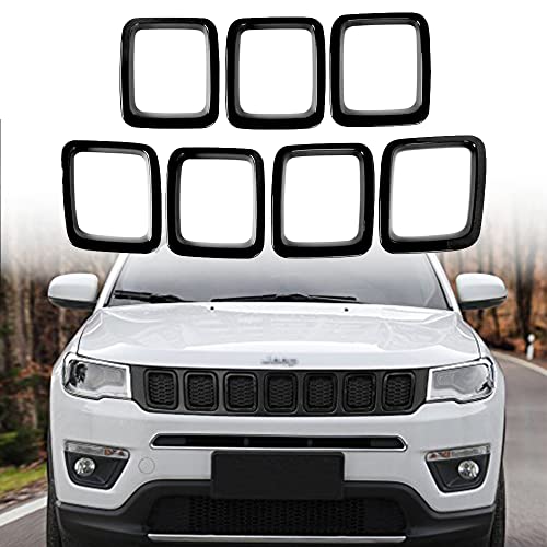 Image of Front Grille Grill Inserts Cover Compatible with Jeep Compass 2017 2018 2019 2020 2021 ABS Grill Cover Rings Frame Trims Kit 7PC (Glossy Black)
