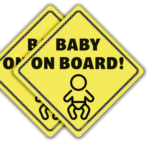 Image of Baby On Board Sticker Sign - Essential for Cars - 2 Pack, 5.5 inch by 5.5 inch - Bright Yellow and See-Through On Window - Best Safety Signs - No Need for Suction Cup or Magnet - Durable Strong Baby in Car