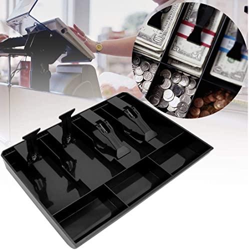 Image of Cash Drawer Insert Tray with 5 Bill Compartments and 4 Coin Sections, Plastic Currency Organizer with Spring Clips, Black (4 Slot)