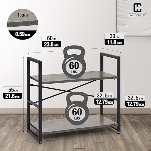 Image of CAPHAUS 2 Tier Small Bookshelf, 24 Inch Width Free Standing Shelf, Bookcase Shelf Storage Organizer, Industrial Book Shelves for Home Office, Living Room, Dark Grey Shelves & Metal Frame