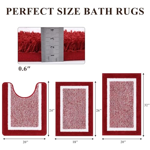 Pauwer 3 Piece Bathroom Shower Rugs with U-Shaped Contour Toilet Mat, Absorbent Microfiber Plush Bath Mats, Non Slip, Machine Washable Shaggy Bathroom Floor Mats, Red