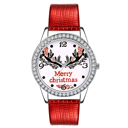 COOKI Women's Watches Cute Christmas Print Analog Quartz Watch Diamond Dial Girls Wristwatch Christmas Watches for Women Red