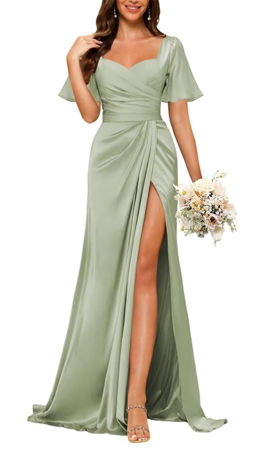 Hppee Women's Sage Green Satin Bridesmaid Dresses With Slit For Wedding Party Short Sleeve V Neck Formal Dress Evening Party Gown Uk16